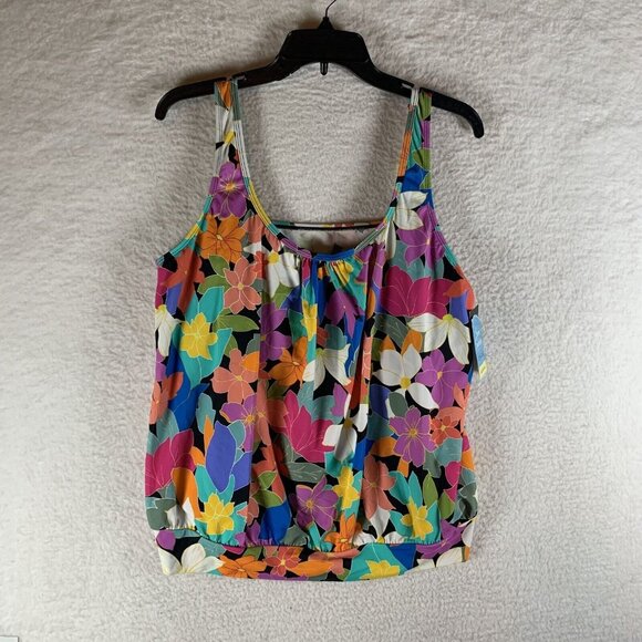 Swim Solutions Blouson Underwire Tankini Top Women 24W Multi Floral Shirred Neck - Picture 1 of 5